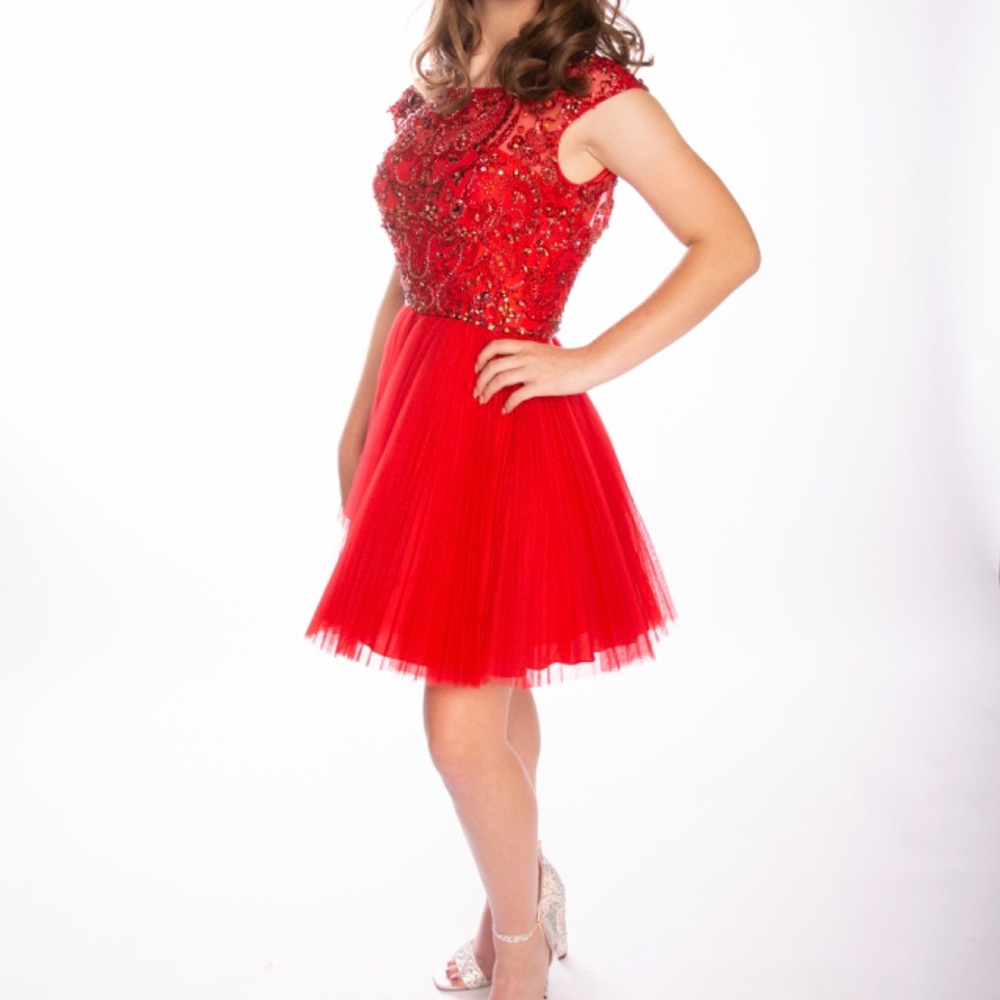 Red Sherri Hill Beaded Cocktail Formal Dress
